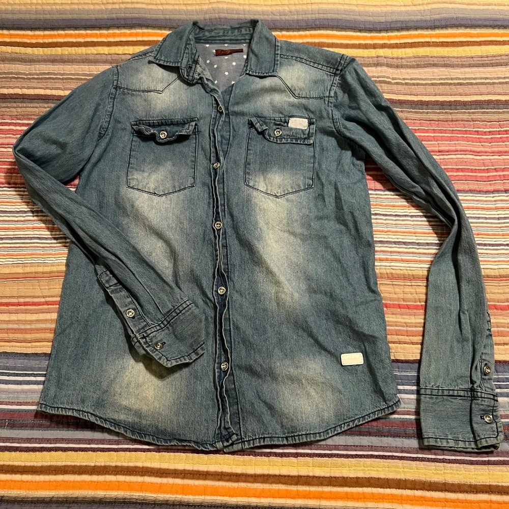 7 For All Mankind Kids Denim Shirt Long Sleeve Button Down Blue Wash Western